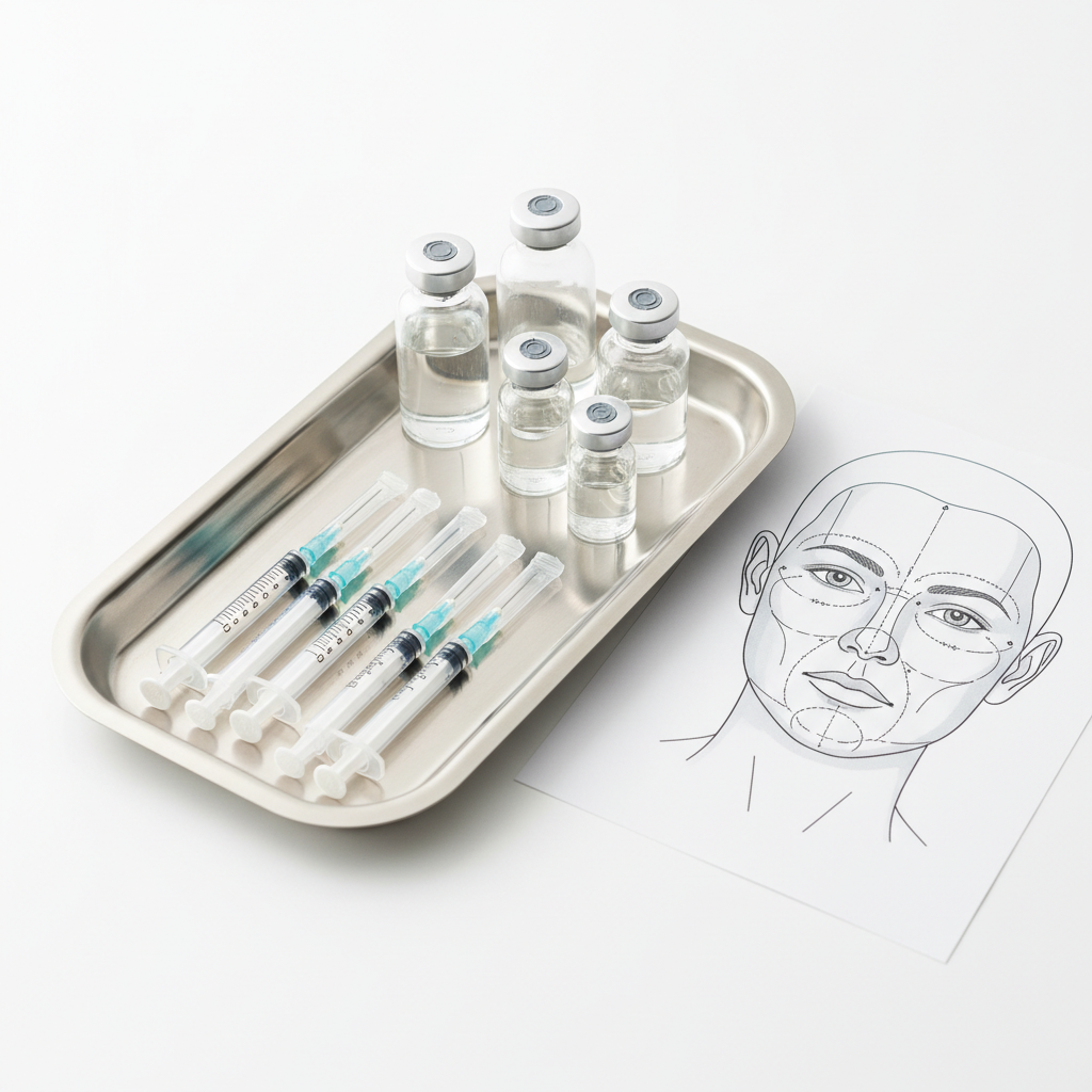 M&eacute;dico planificando tratamientos para quitar manchas, revitalizar y recuperar volumen con jeringas y esquema facial en una bandeja cl&iacute;nica
