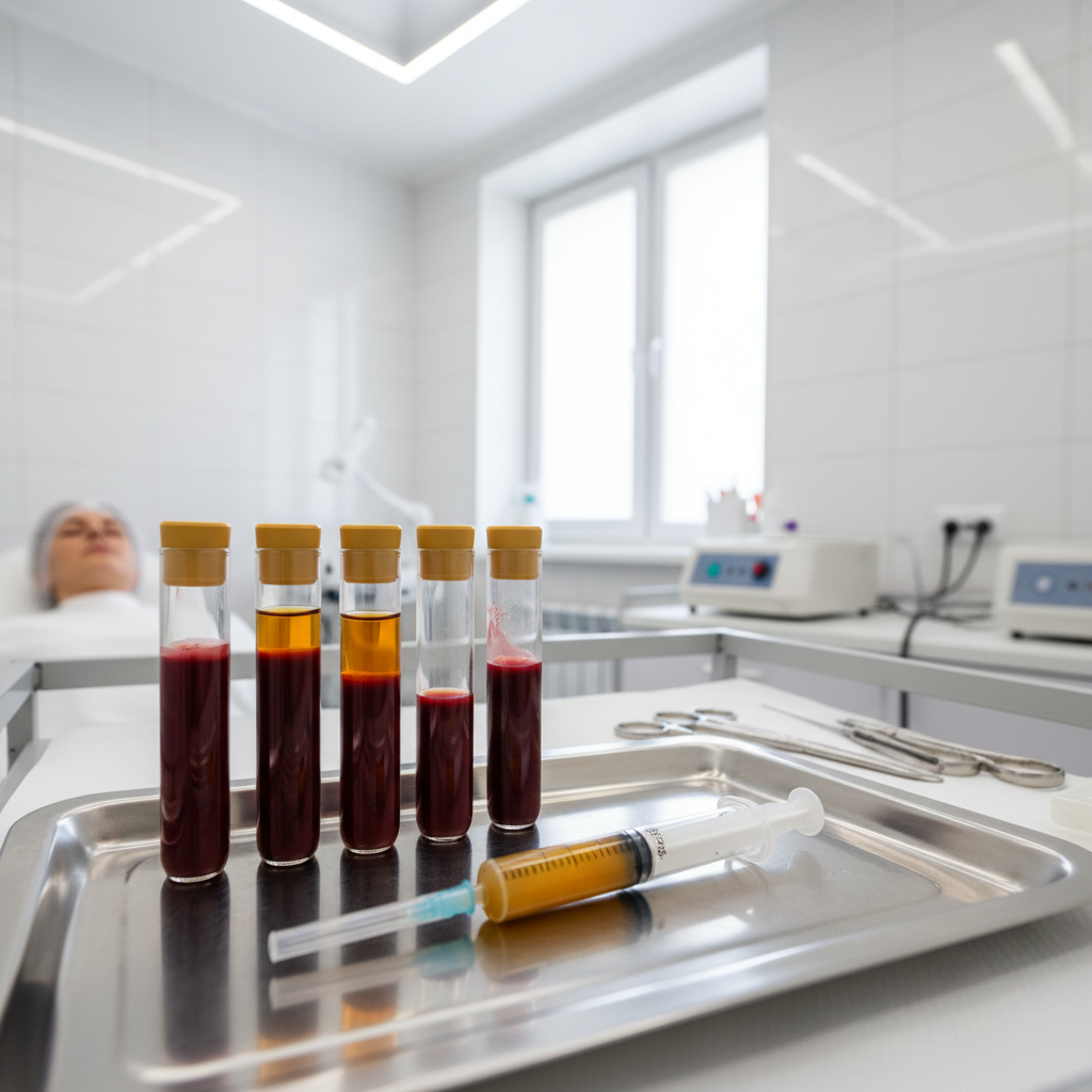 Profesional m&eacute;dico preparando Adi&oacute;s a la alopecia con PRP Premium capilar con tubos de plasma sobre una bandeja cl&iacute;nica