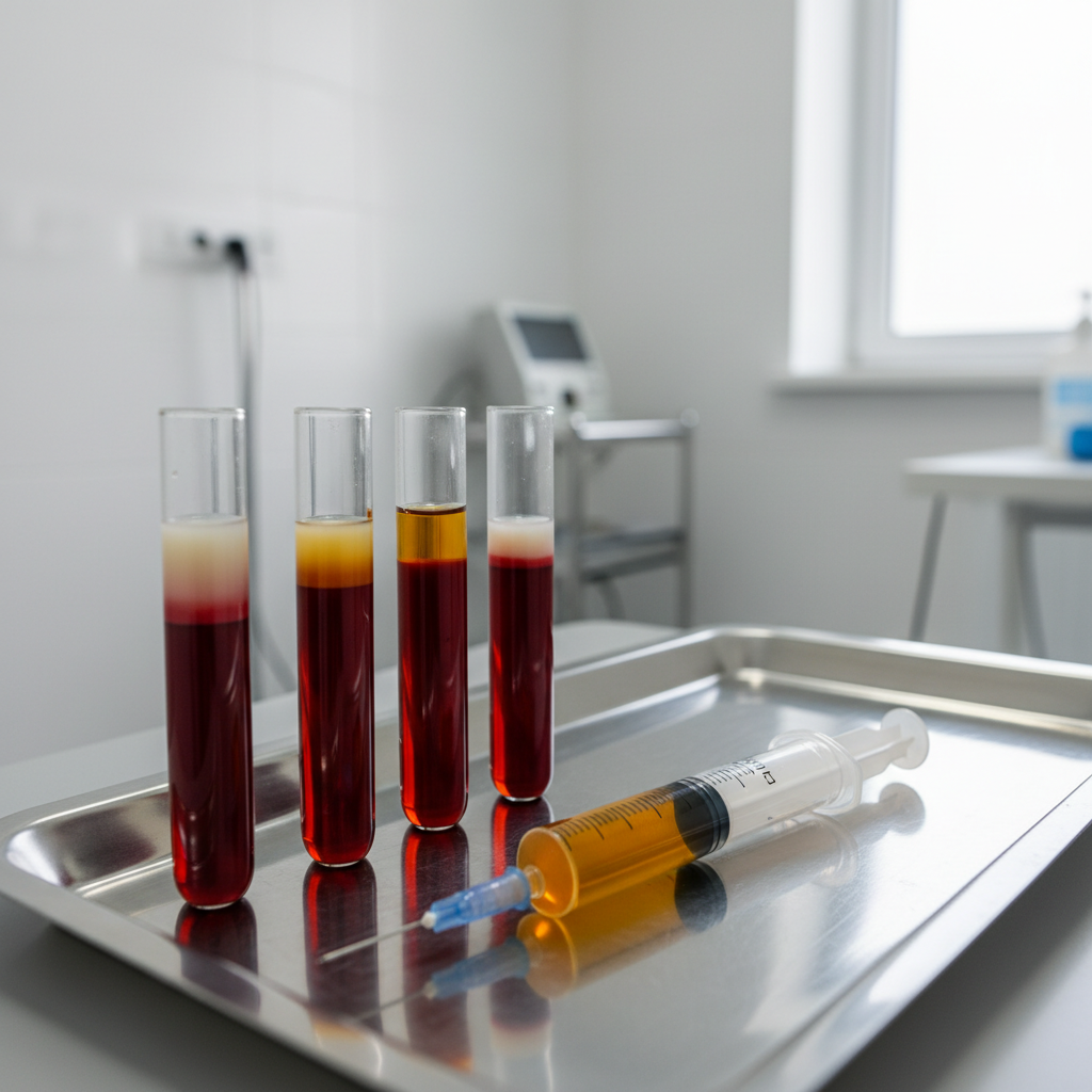 Bandeja cl&iacute;nica con insumos usados para Plasma rico en plaquetas premium, tratamiento que se mantiene en el tiempo