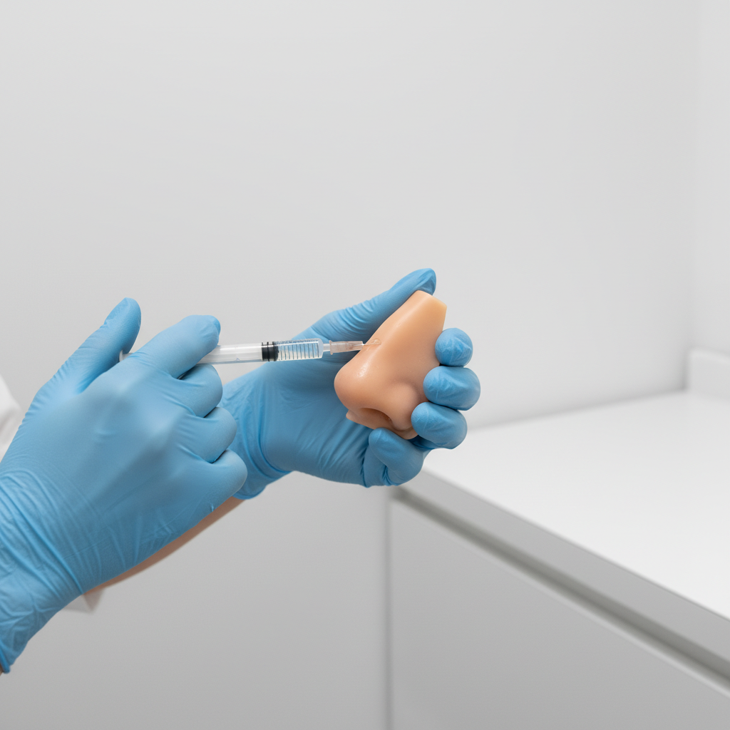 M&eacute;dico realizando rinomodelaci&oacute;n sin cirug&iacute;a con &aacute;cido hialur&oacute;nico para respingar y embellecer la nariz de forma segura