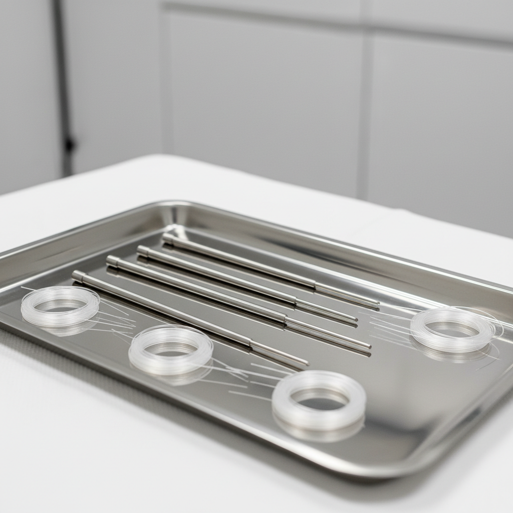 Bandeja cl&iacute;nica con material usado para aplicar Hilos tensores en un procedimiento m&eacute;dico de rejuvenecimiento facial