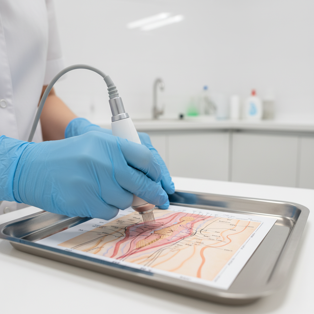 Microneedling 7 datos clave para un resultado efectivo 1 Médico realizando microneedling en un entorno clínico para mejorar la piel mediante inducción de colágeno controlada