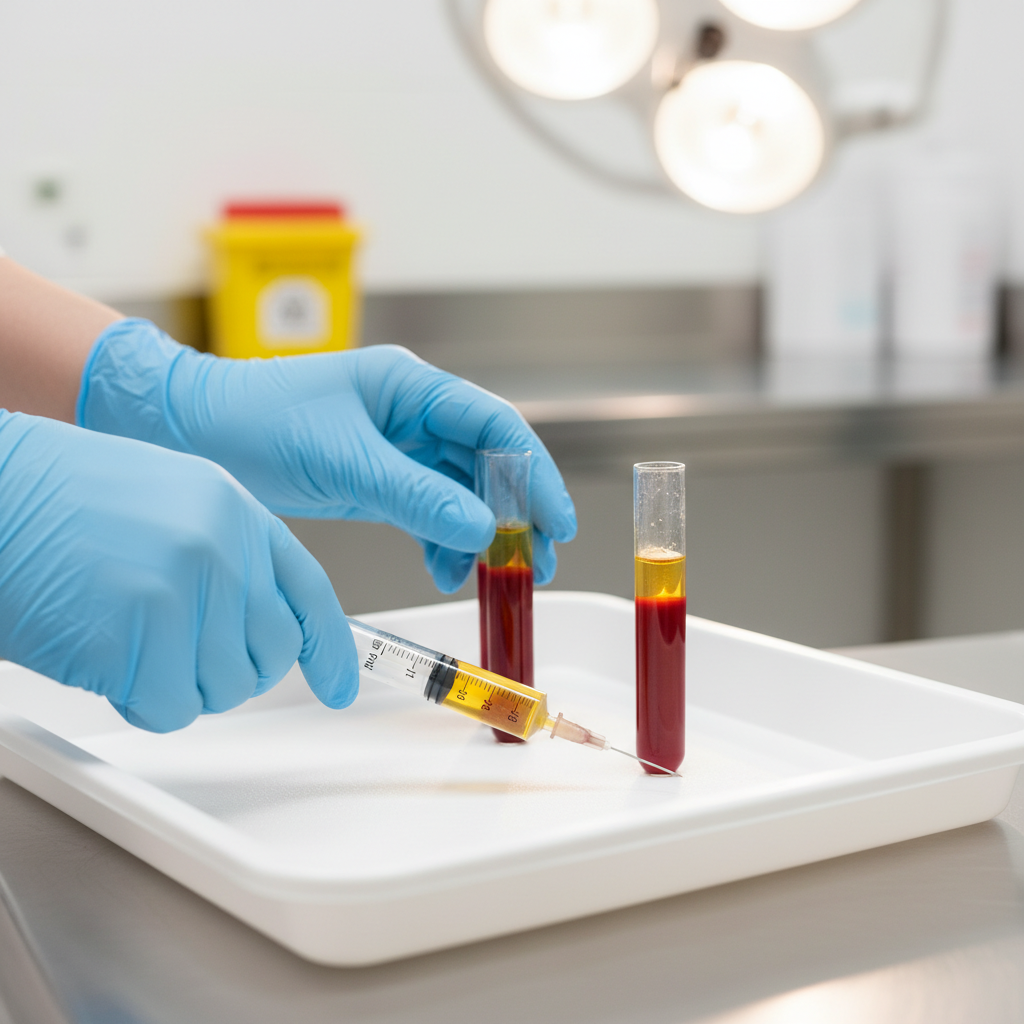 El plasma rico en plaquetas como aliado poderoso para tu piel 1 Médico preparando PRP en bandeja estéril, mostrando el plasma rico en plaquetas como aliado poderoso para tu piel en un entorno clínico profesional.