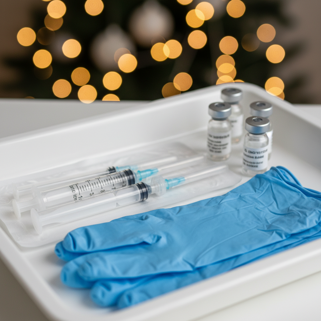 Navidad para soñar: 5 ideas clave para un cambio útil 1 Ambiente médico profesional que integra Navidad para soñar con herramientas de medicina estética en una bandeja clínica