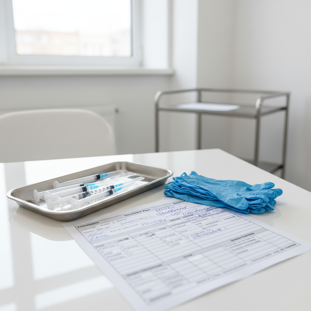 Bandeja cl&iacute;nica con insumos est&eacute;riles usada para explicar Ofertas Black Friday tratamientos est&eacute;ticos en Chile en una sala de procedimientos m&eacute;dica.