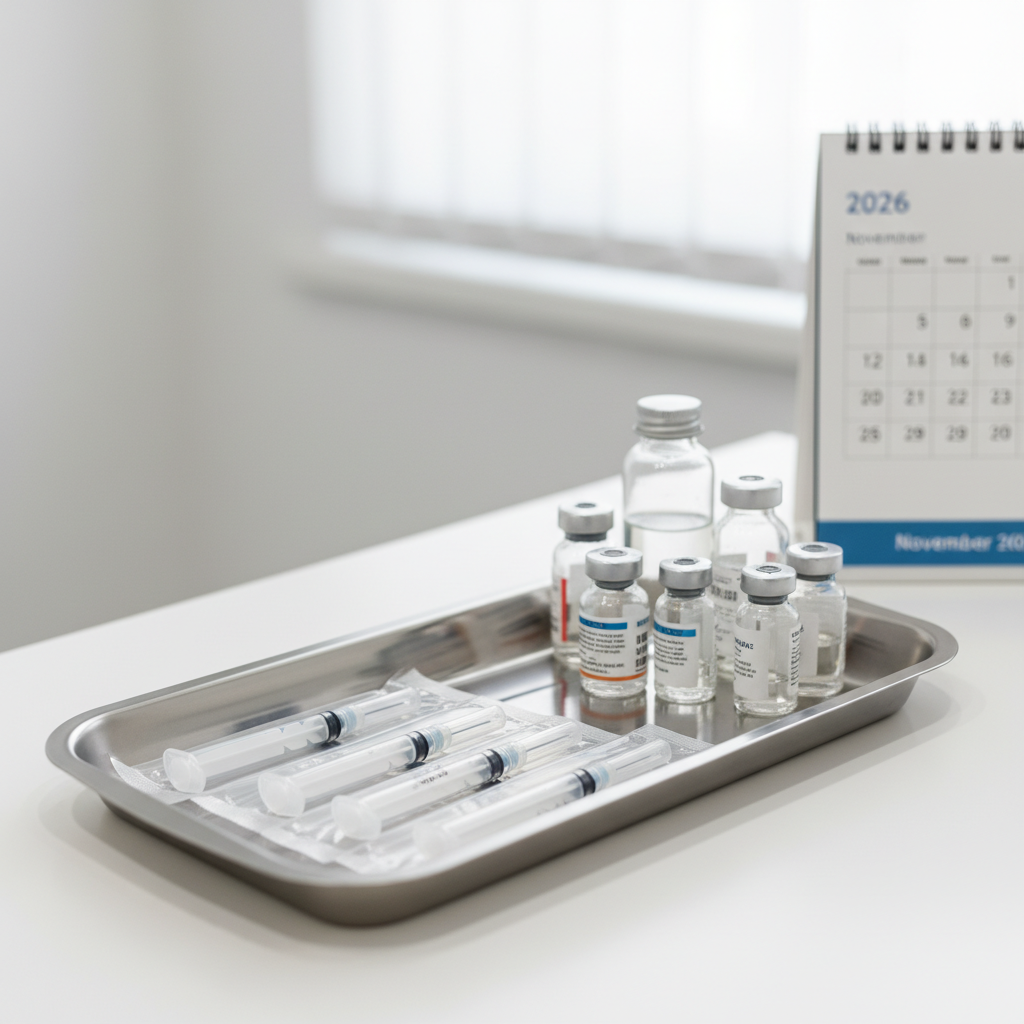 Calendario marcando la Fecha del Black Friday Est&eacute;tica Chile 2026 junto a bandeja cl&iacute;nica con insumos m&eacute;dicos est&eacute;riles