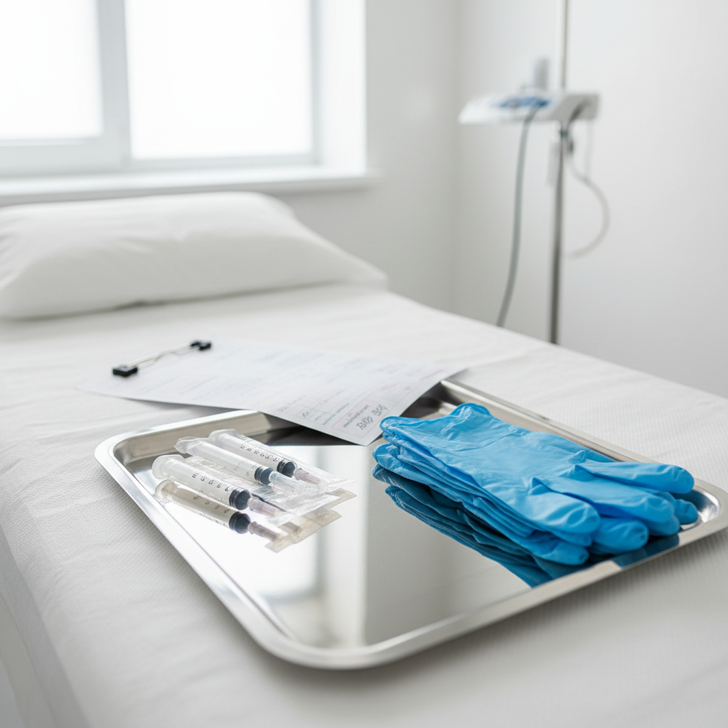 Box m&eacute;dico de cl&iacute;nica mostrando insumos est&eacute;riles y ficha de paciente, ilustrando los est&aacute;ndares de la Mejor cl&iacute;nica est&eacute;tica en Copiap&oacute; 2026: Resultados y seguridad.