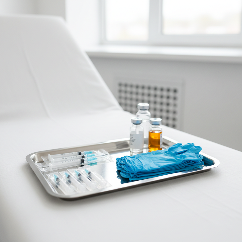 Medicina estética segura en Chile 2026: El modelo de Clínica 1 Bandeja clínica estéril que representa la Medicina estética segura en Chile 2026: El modelo de Clínica EM con foco en insumos controlados y ambiente profesional.