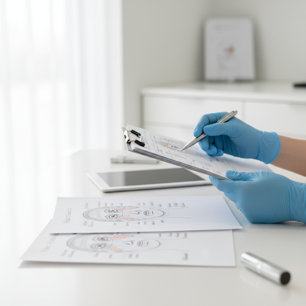 M&eacute;dico revisando protocolos y esquemas cl&iacute;nicos que muestran por qu&eacute; Cl&iacute;nica EM es la cl&iacute;nica est&eacute;tica l&iacute;der en Chile.