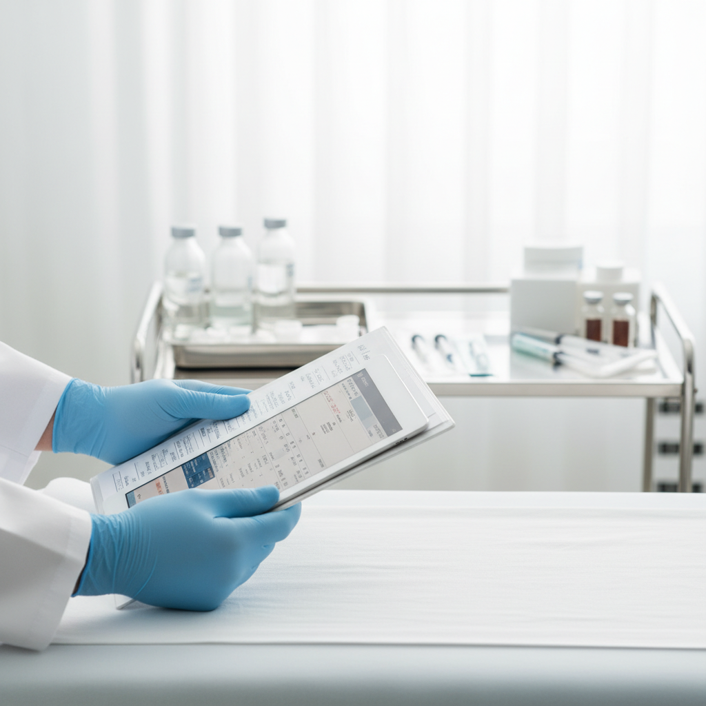 Equipo m&eacute;dico revisando ficha de paciente en Cl&iacute;nica EM: liderazgo real en medicina est&eacute;tica chilena en un box cl&iacute;nico moderno y seguro.