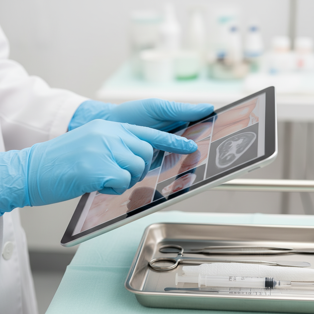 M&eacute;dico revisando resultados en tablet que reflejan Cl&iacute;nica EM: trayectoria y liderazgo en est&eacute;tica en Chile con enfoque cl&iacute;nico y profesional.